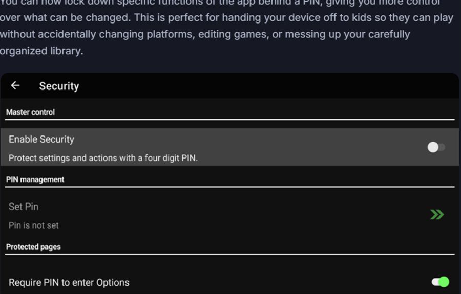 Security settings in LaunchBox for Android