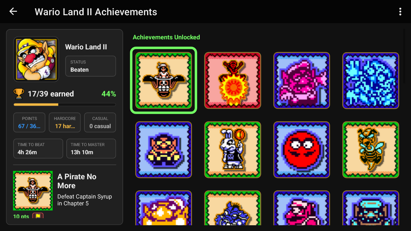 RetroAchievements grid for Wario Land II in LaunchBox for Android