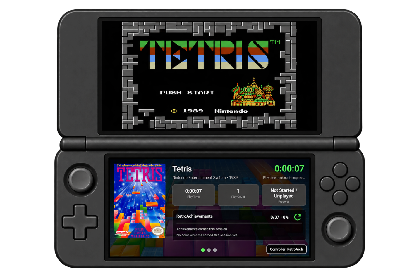 Dual-screen handheld showing gameplay and LaunchBox game details