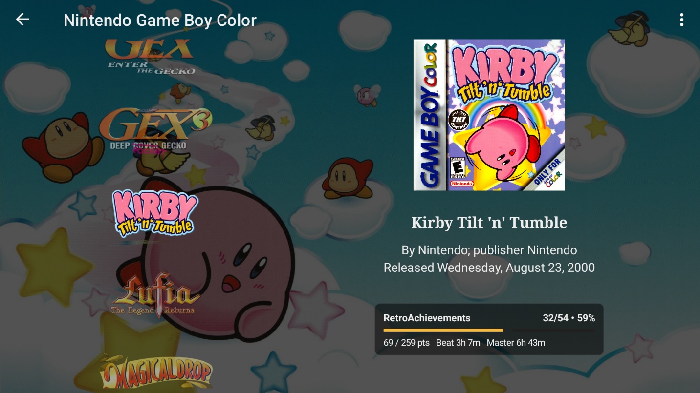 Game details showing a RetroAchievements progress summary
