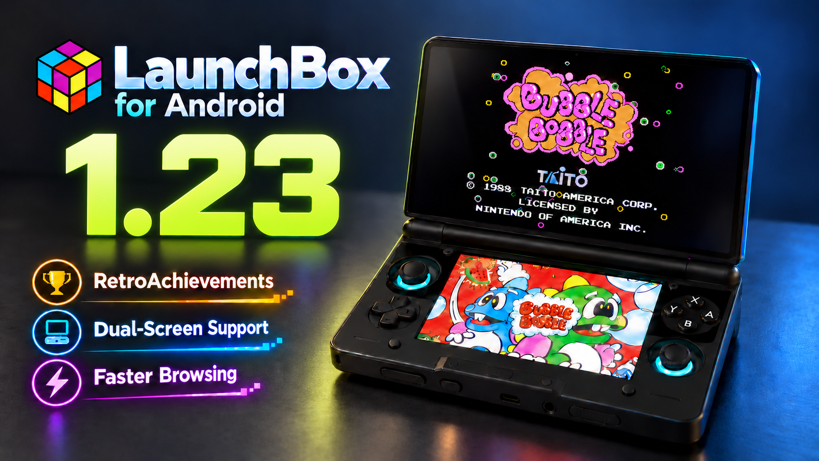 LaunchBox for Android 1.23 featuring the real AYN Thor dual-screen handheld