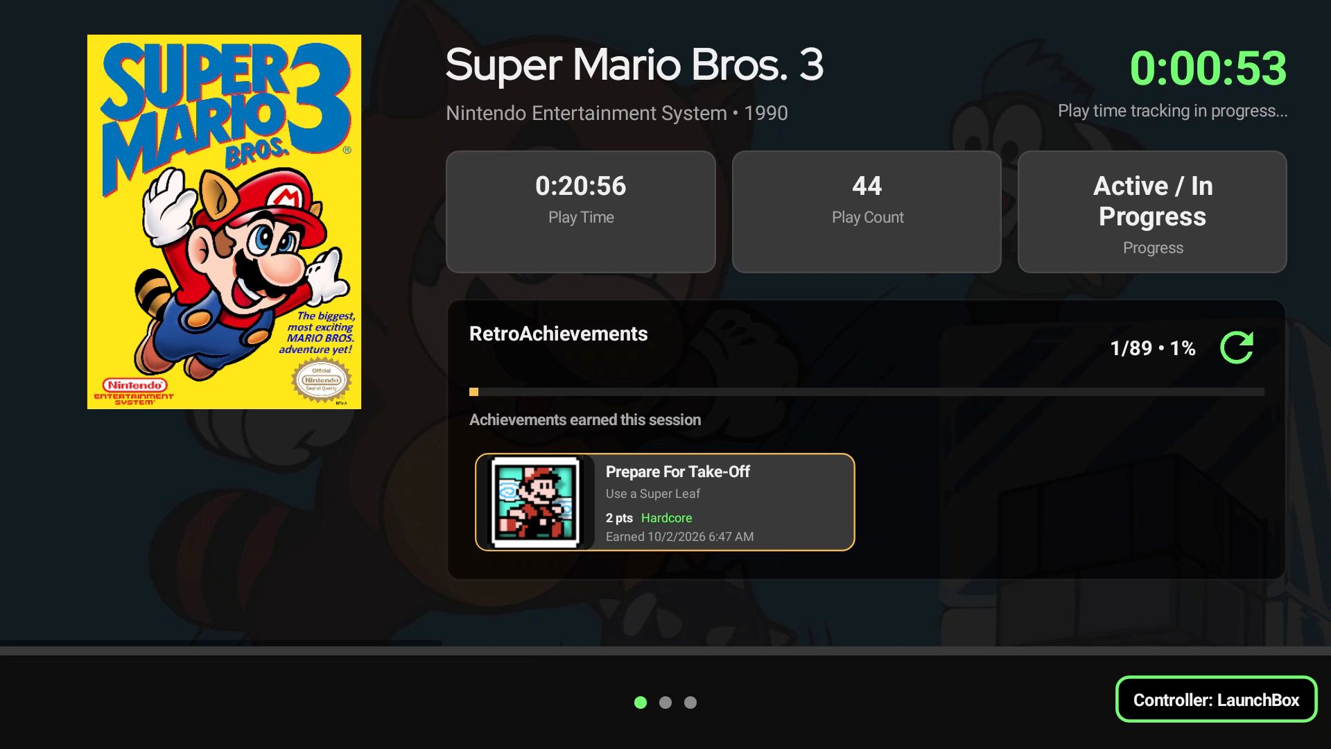 Second screen showing playtime and RetroAchievements earned during a game session